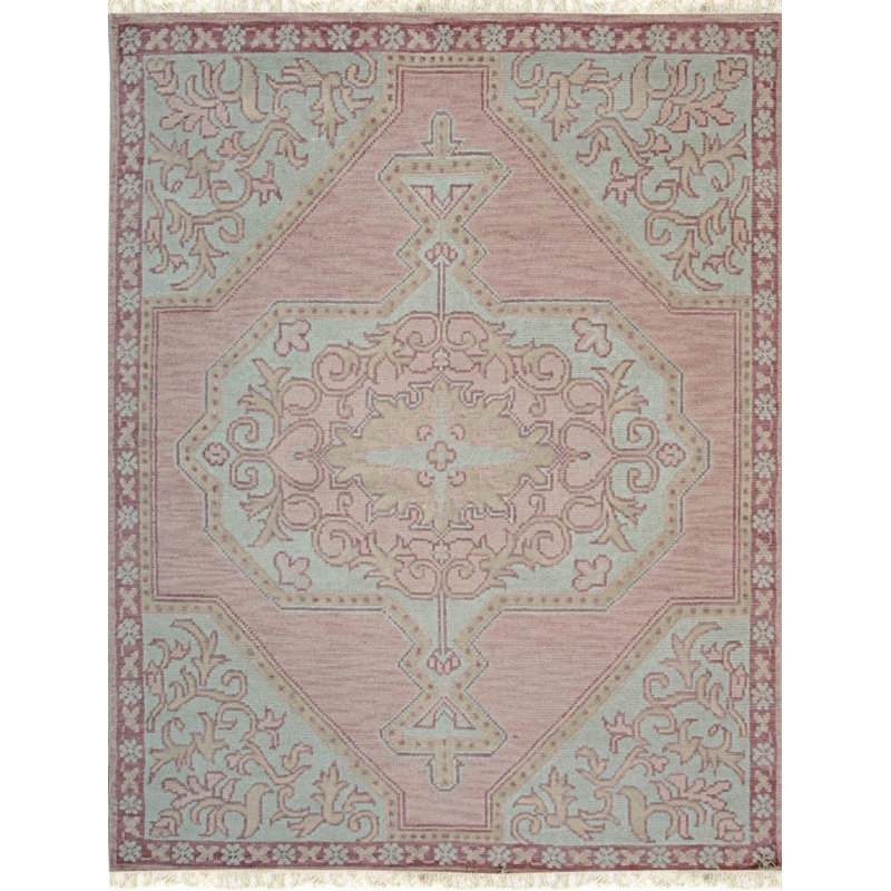 Coral Hand-Knotted Wool Framed Arabesques Geometric Modern Contemporary Carpet Rug, 8' x 10'