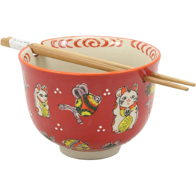 Ensemble de bol décoratif en porcelaine colorée avec des baguettes en bambou Maneki Neko Trinx