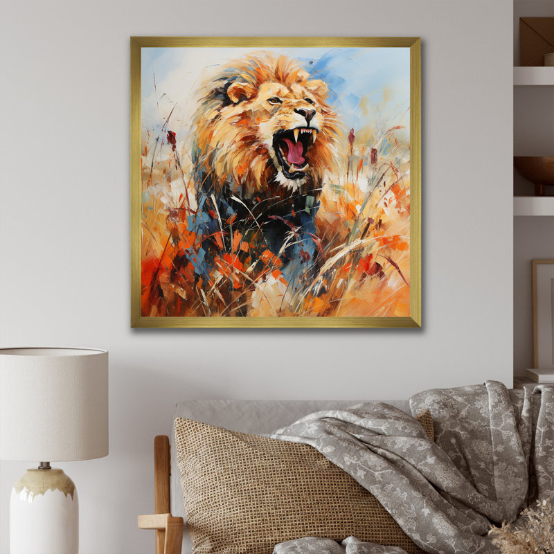 Lion, portrait sauvage Serenade 3 - décoration murale animal lion, Cadre doré simple, H 16 po x l 16 po x P 1 po