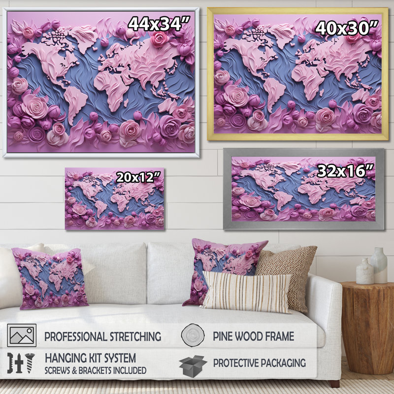 «Pink Whimsical Waters World Map I», reproduction sur toile, H 24 po x l 32 po x P 1 po, Cadre flottant doré