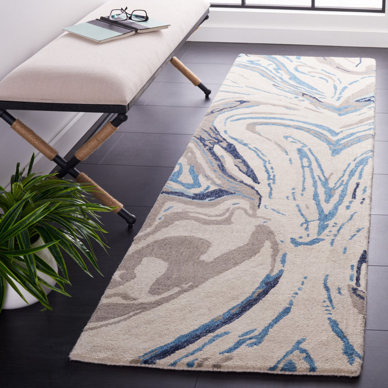 Soho Hand Tufted Wool/Cotton Abstract Rug in Blue/Gray, Runner 2'3" x 8'