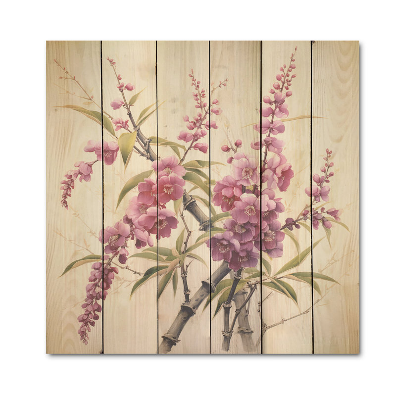 Bambou et fleurs de prunier I - Art mural en bois de bambou sur bois de pin naturel, H 36 po x l 36 po