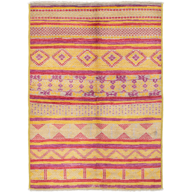 Tapis unique en laine noué à la main style Mogul des années 2010 de 6 pi x 8 pi 4 po beige / rose Kanila