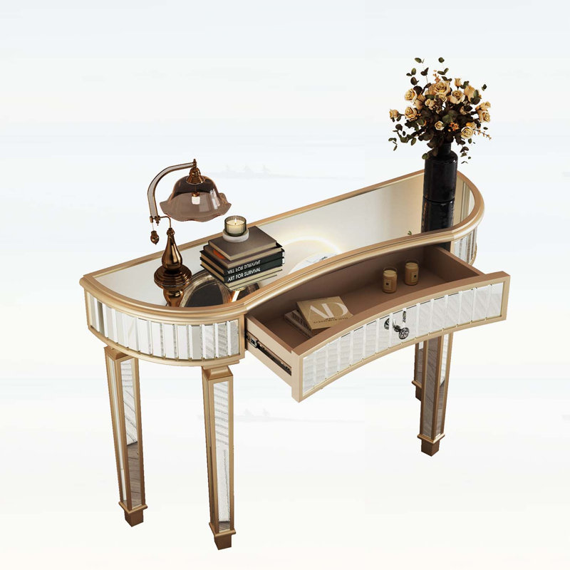 Console à miroir en demi-lune de 47 pouces avec verre cannelé et poignée en cristal, parfaite pour le vestibule ou le meuble-lavabo de chambre à coucher