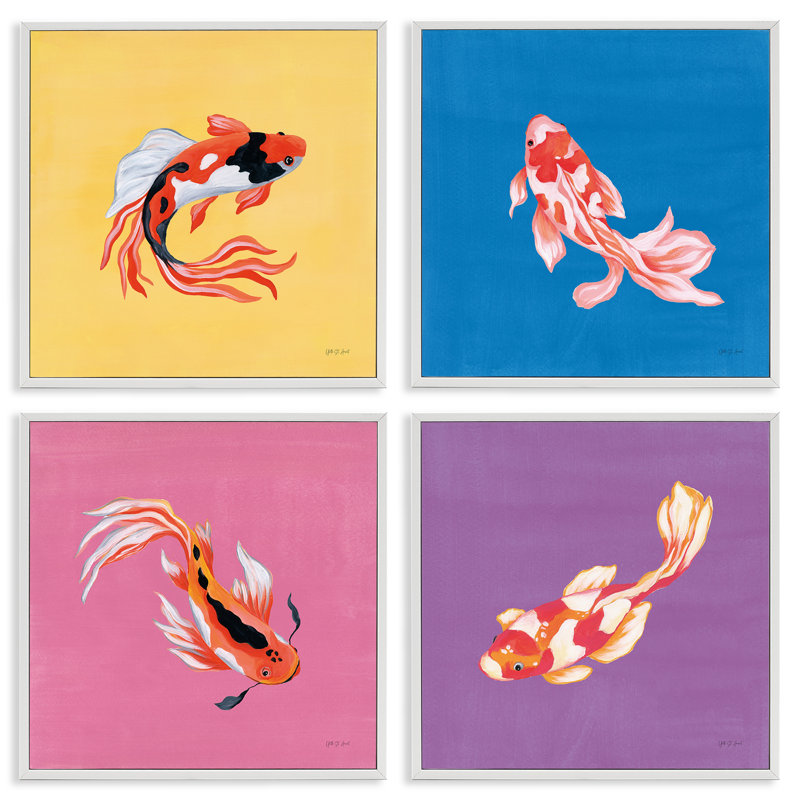 Ensemble de giclées encadrées vibrantes, colorées et vibrantes, par Koi Fish Amant, H 17 po x l 17 po