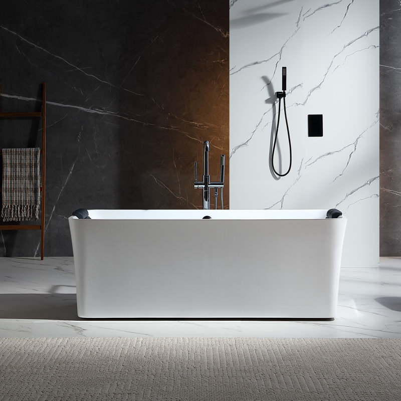 67 In. X 31.5 In. Center Drain Freestanding Whirlpool Bathtub Hydrotherapy Lighted Bath - 18 Black Jets In White