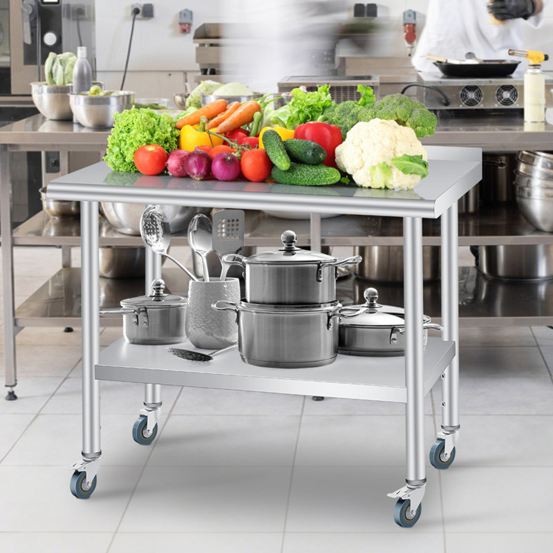 Table de préparation de cuisine en acier inoxydable - Table de travail commerciale robuste avec dosseret de 48 po x 24 po, tablette réglable, restaurant, maison, service alimentaire - Dimensions: 48 po x 24 po
