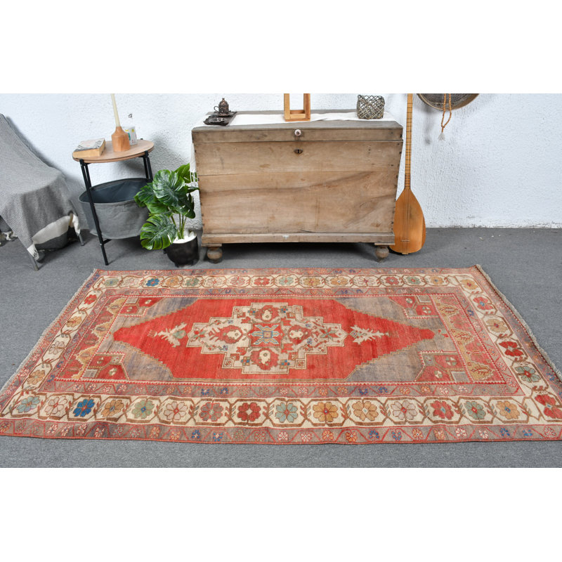 Tapis traditionnel turc traditionnel en laine rouge d'Anatolie idéal pour la cuisine et la décoration rétro rouge / beige