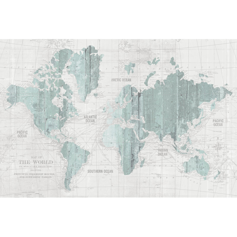 Carte de l'ancien monde gris menthe, H 32 po x l 48 po x P 1,25 po