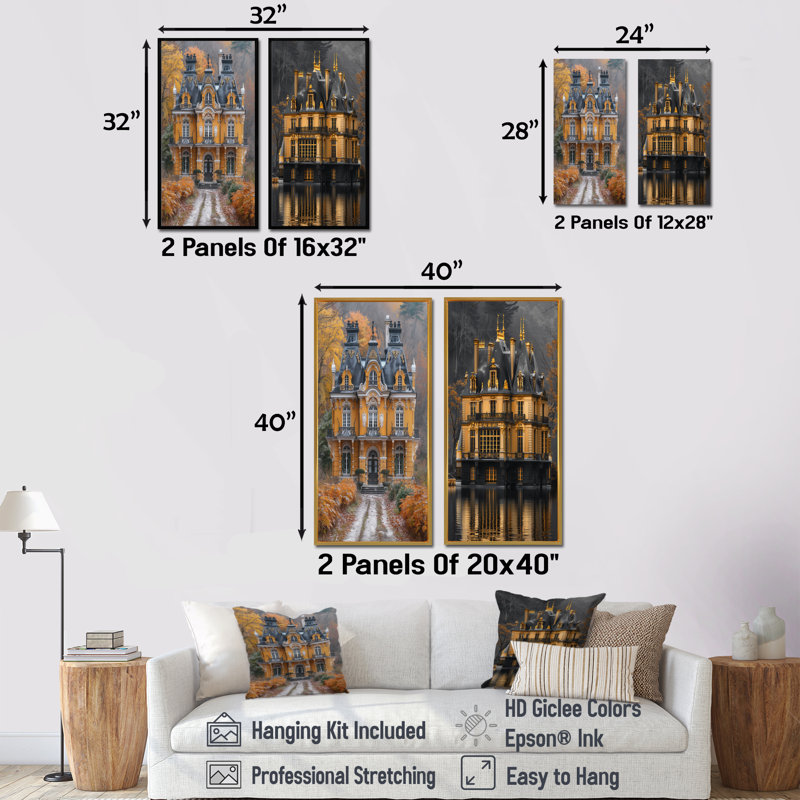 Huie - ensemble d'art mural 2 pièces Chateaus, H 28 po x l 24 po, Toile tendue sur cadre, Ne s’applique pas