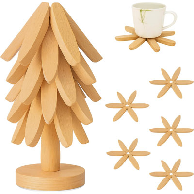 Natural Tree Trivet Set (Natrural Wood Color, 5 Trivets And 1 Stand)