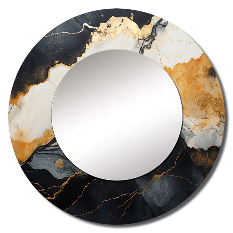 Minimalism Chrome White And Black Poteries - Abstract Spirals Large Wall Mirror, Modern Round Decorative Mirror, Printed Metal Art