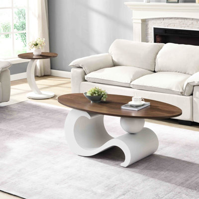 2 tables basses ovales et rondes blanches pour l'espace de vie principal, grande table 47,24 po, petite structure métallique 19,69 po, facile à assembler