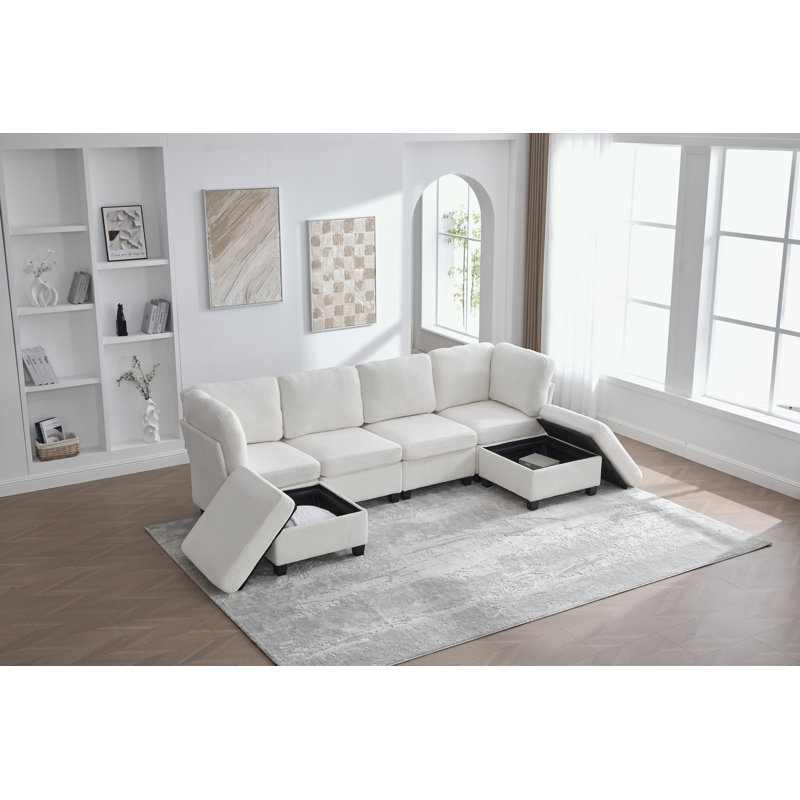 Canapé modulaire en U avec repose-pieds avec rangement, Mélange de polyester beige