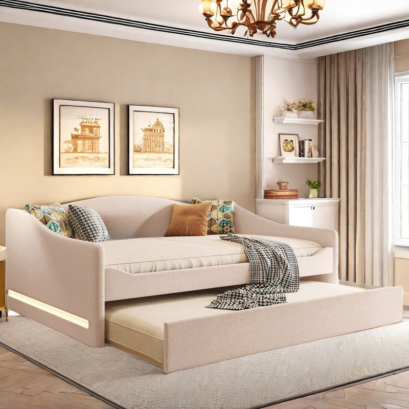 Lit de jour rembourré Taomi, Beige, Double