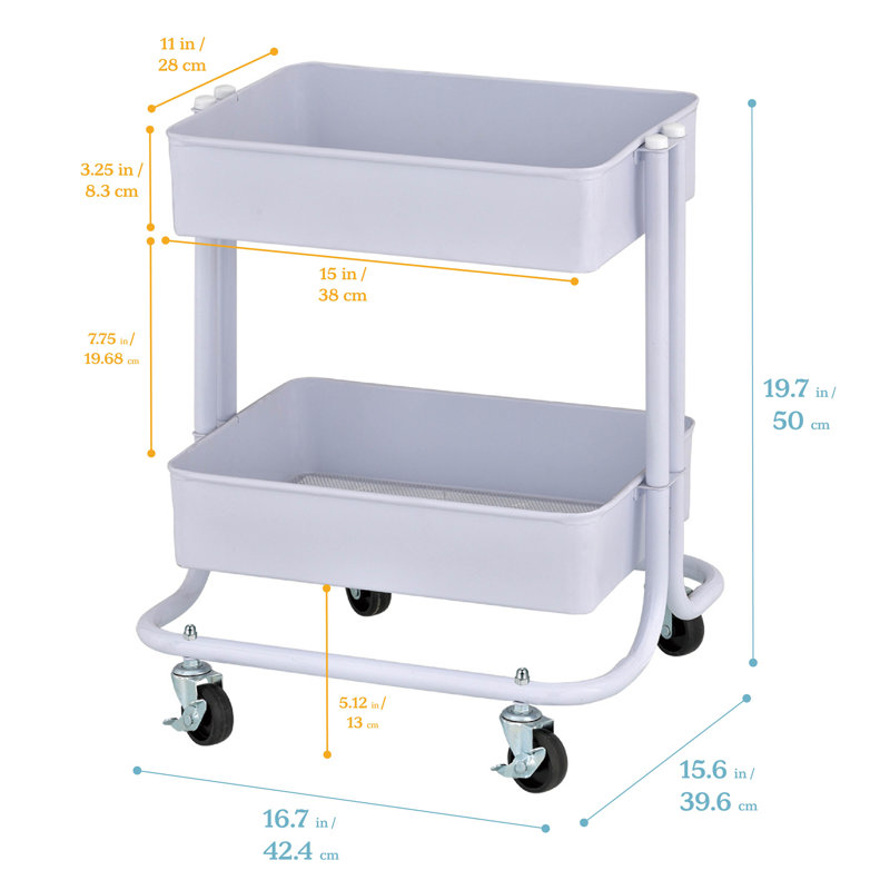 White Metal 2-Tier Rolling Utility Cart with Mesh Baskets