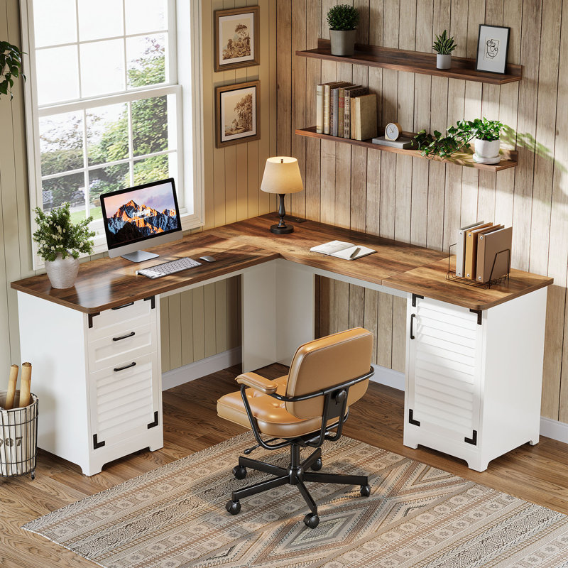 L Shaped Computer Desk with Power Outlets, Farmhouse Corner Desk with Drawers, L Shaped Executive Office Desk