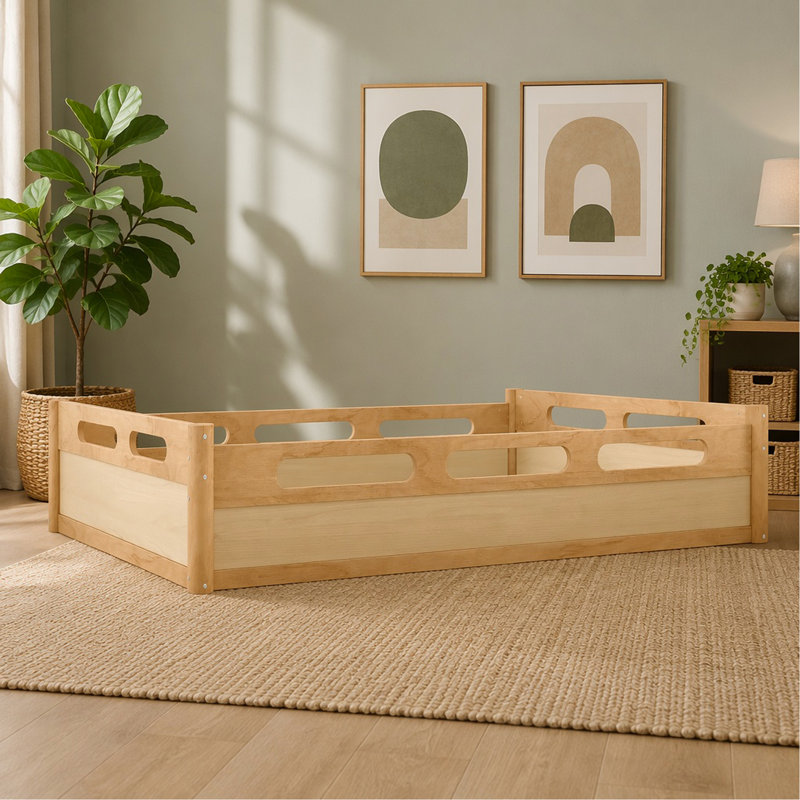 Lit plateforme grand format avec garde-corps pleine longueur, base de lit grand profil bas, aucun sommier tapissier requis, naturel