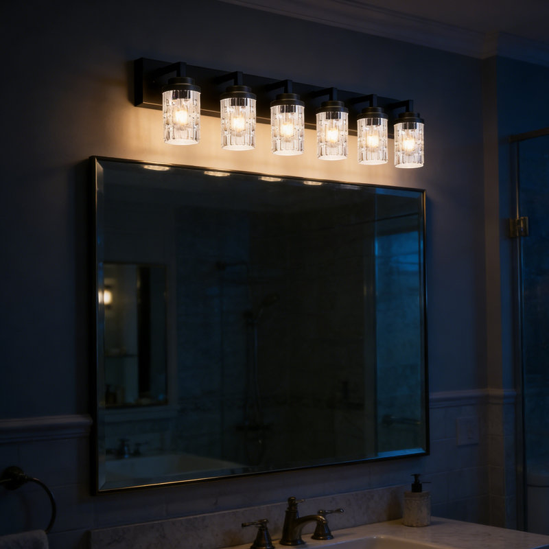 Éclairage de meuble-lavabo noir mat 6 lumières avec abat-jour en verre texturé, applique murale moderne pour salle de bain, salon, base E26, 110V-120V