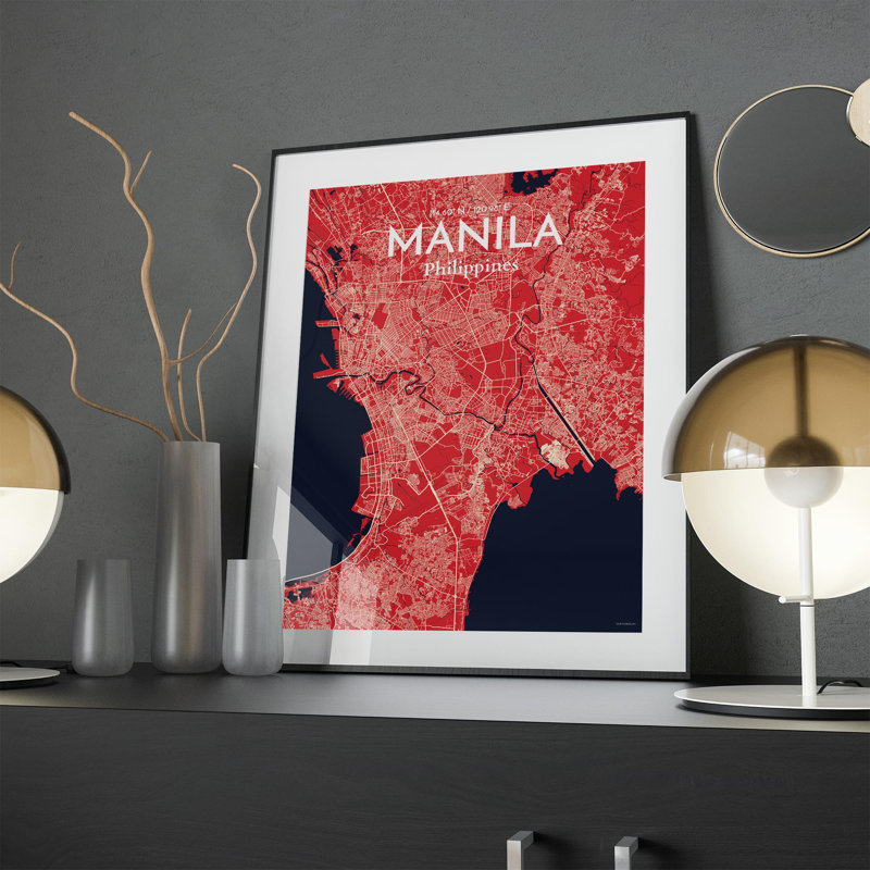 Manille, carte de la ville, impression, H 24 po x l 18 po, Rouge / Bleu marine