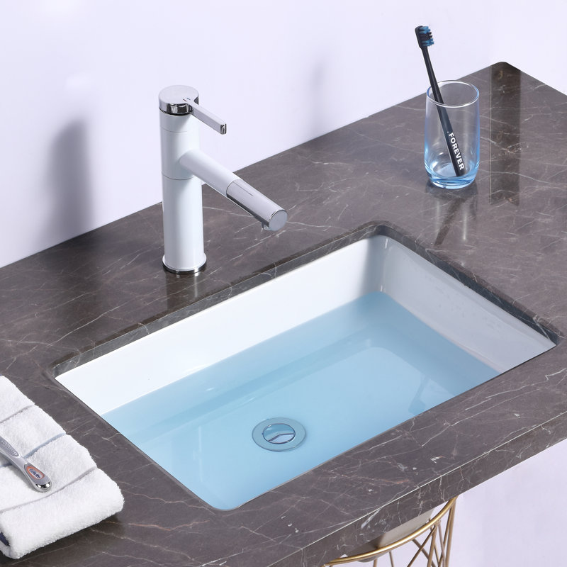 Glossy White Ceramic Rectangular Undermount Bathroom Sink