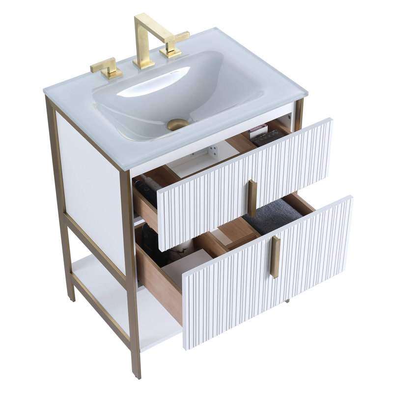 Mirutil Single Bathroom Vanity with Top, Satin Brass, White Matte