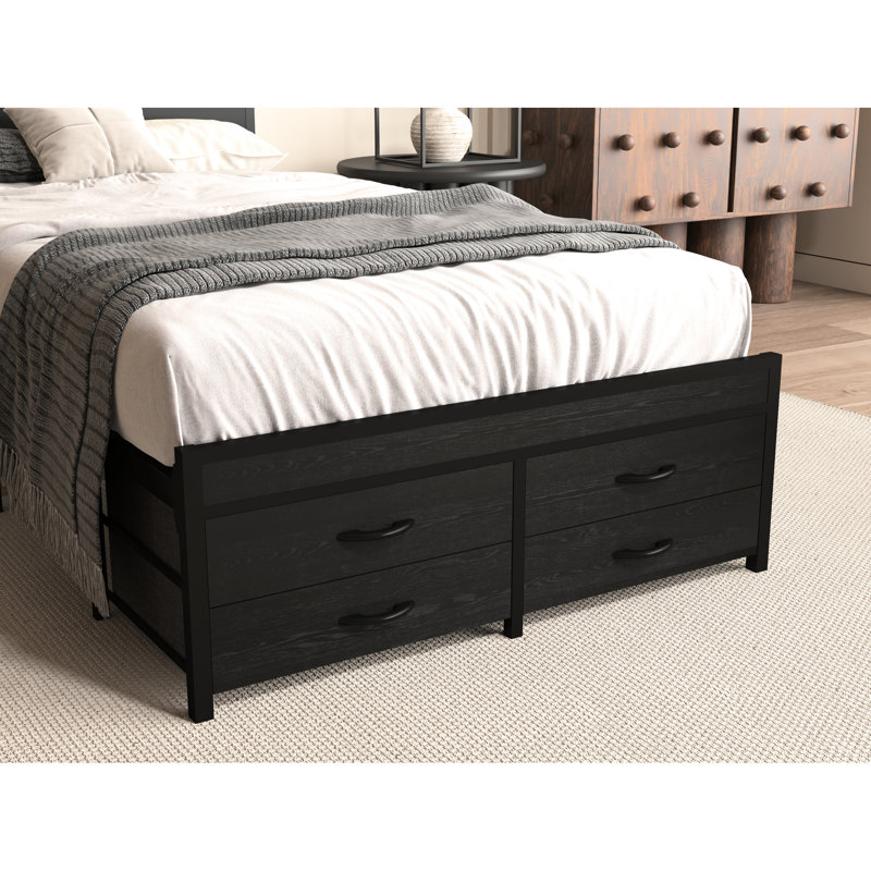 Black Metal Twin Bed Frame With Storage And Charging Function - Enhance Your Bedroom Size Stable Construction Maximize Capacity