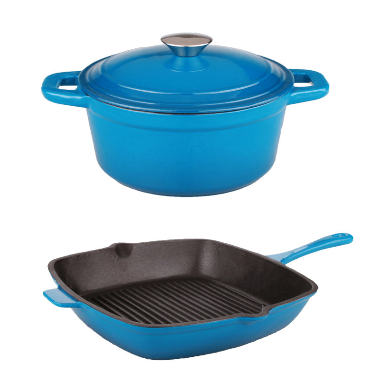 BergHOFF Neo 3Pc Cast Iron Cookware Set with 11" Grill Pan and 3Qt. Covered Dutch Oven, Blue