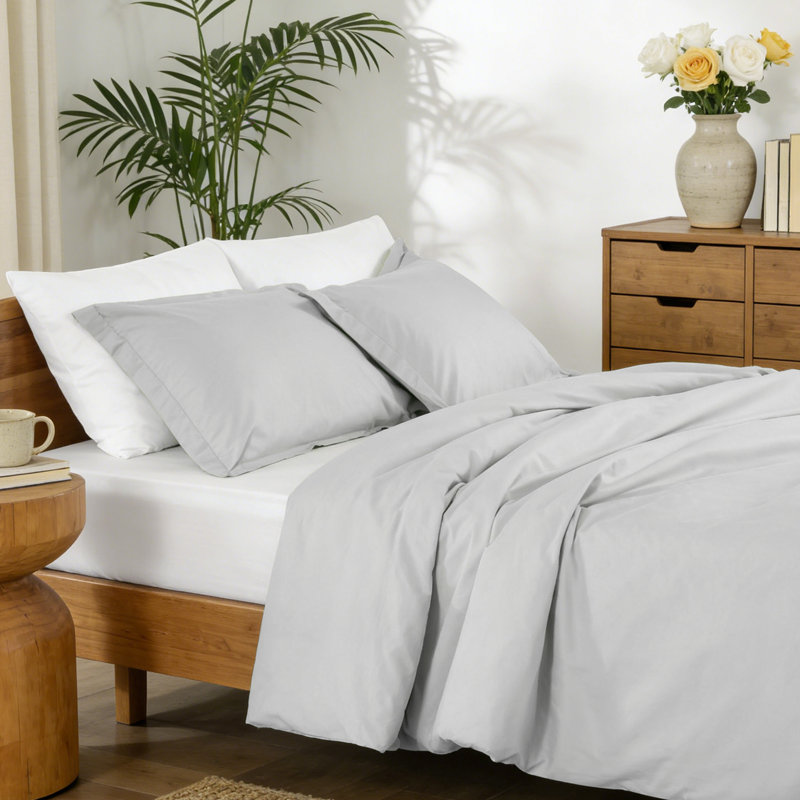 100% Cotton Percale 250 TC Duvet Cover Set With Pillow Sham(S), Soft Gray, Queen Duvet Cover + 2 Standard Shams