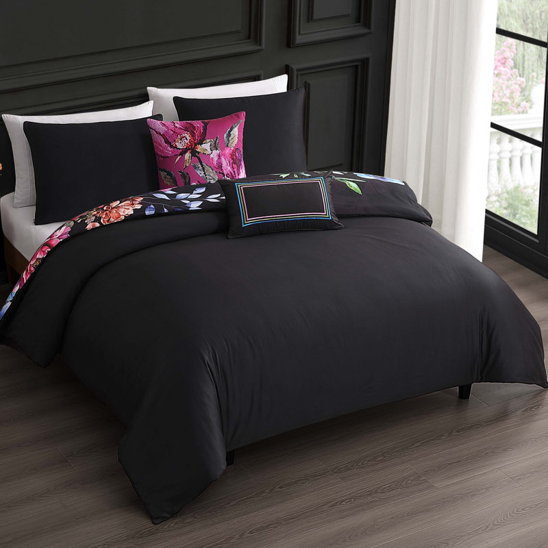 Bebejan Black Night Poppies 100% Cotton Sateen 5 Piece Reversible Comforter Set, Queen