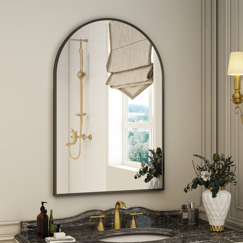Lilaram Arched Metal Framed Wall Mirror Bathroom Mirror, 76.2cm H x 50.8cm W, Black