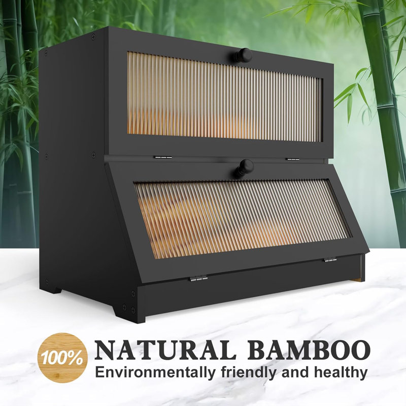 Large Black Bamboo Double Layer Bread Box with Frosted Glass
