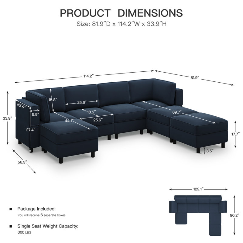 Canapé modulaire en U avec méridienne et repose-pieds, Velours bleu