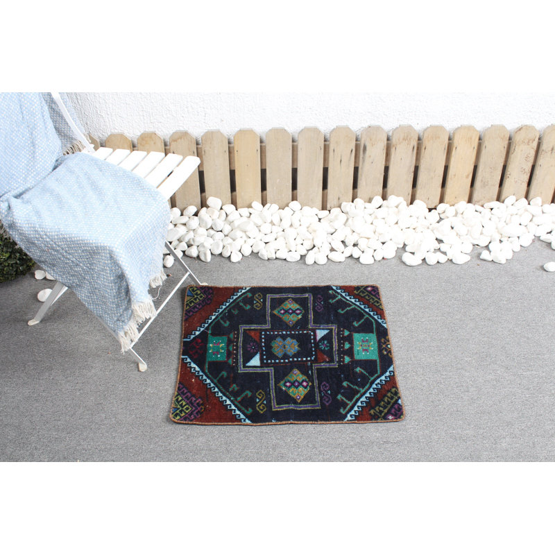 Traditional Small Turkish Anatolian Wool Rug in Vibrant Blue for Entryway Decor