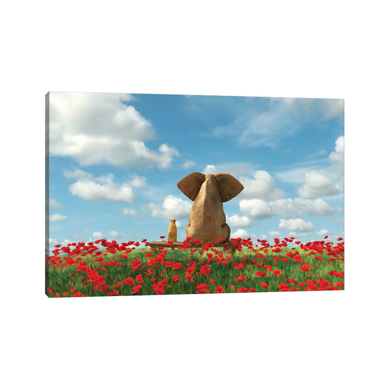 Elephant And Dog Sit On A Red Poppy Field by Mike Kiev - Wrapped Canvas Gallery-Wrapped Canvas Giclée