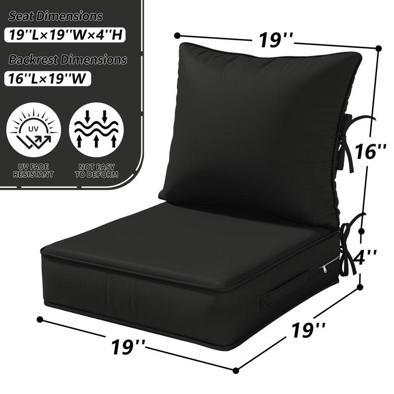 Outdoor Deep Seating Cushion Set Water-Resistant & Fade-Resistant Patio Chair Cushions, 4, 19" W x 19" D, Black
