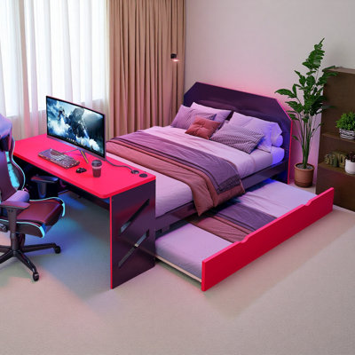 Full Size Wood Daybed With Twin Size Trundle,Desk And USB