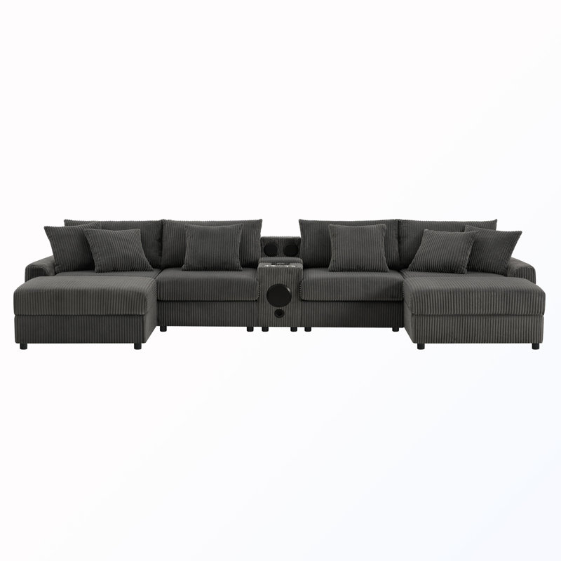 Canapé modulaire rembourré en U avec haut-parleurs Bluetooth et console, chargeur USB et repose-pieds, Dark Gray Corduroy