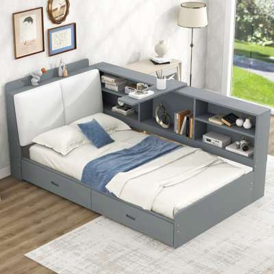 Lit plateforme en bois avec tête de lit, tablettes et 2 tiroirs