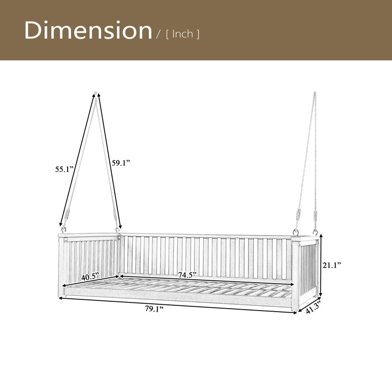 Patio Minimalist Twin Size Garden Swing Bed Wood Porch Swing With Ropes For Backyard, Safe Sloped Design