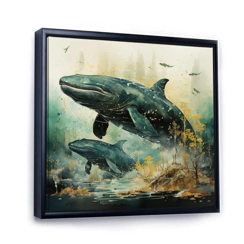 Grey Teal Marine Animals Whispering Whales - Animals Canvas Wall Art, H 24 po x l 24 po x P 1 po
