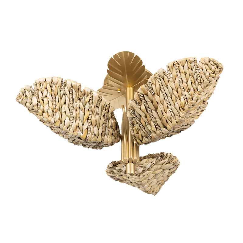 Banana Leaf 3-Light Semi-Flush Ceiling Light- French Gold/Natural Seagrass