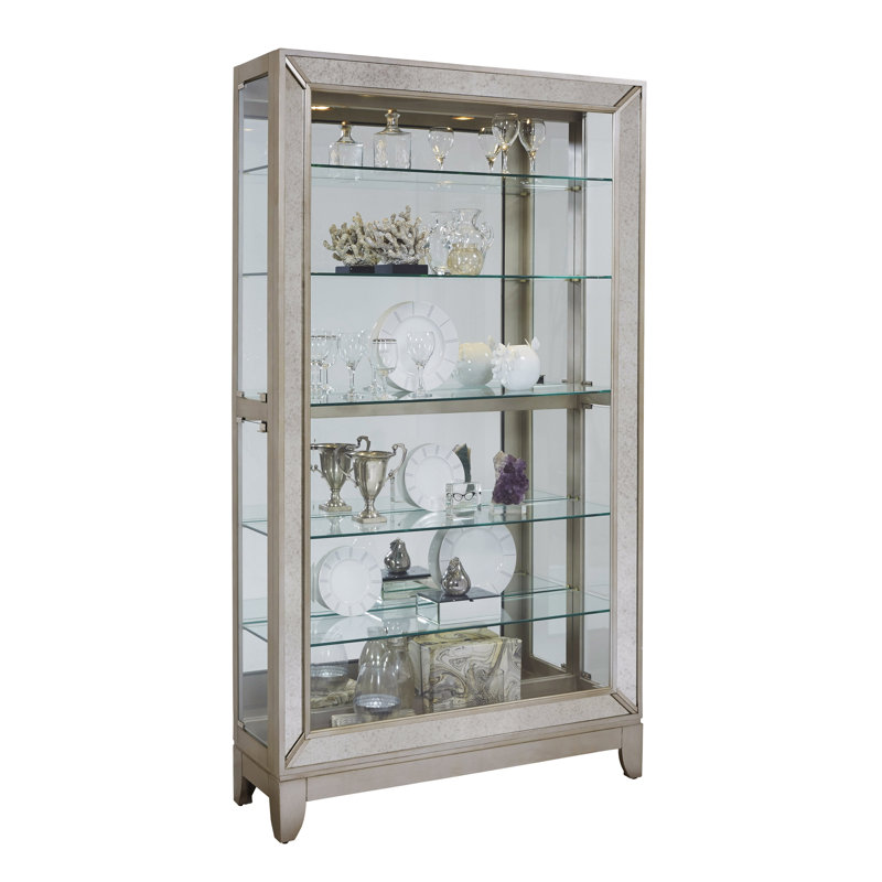 Aged Silver Lighted 5-Shelf Curio Cabinet with Poplar Wood Legs