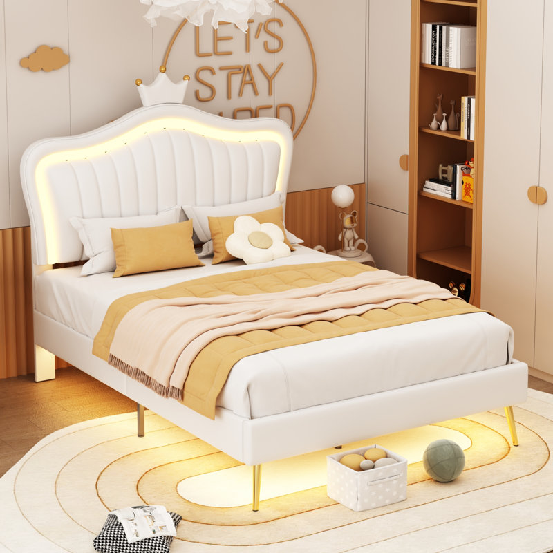 Structure de lit tapissier de taille avec lumières DEL, lit princesse rembourré moderne avec tête de lit couronne, Blanc