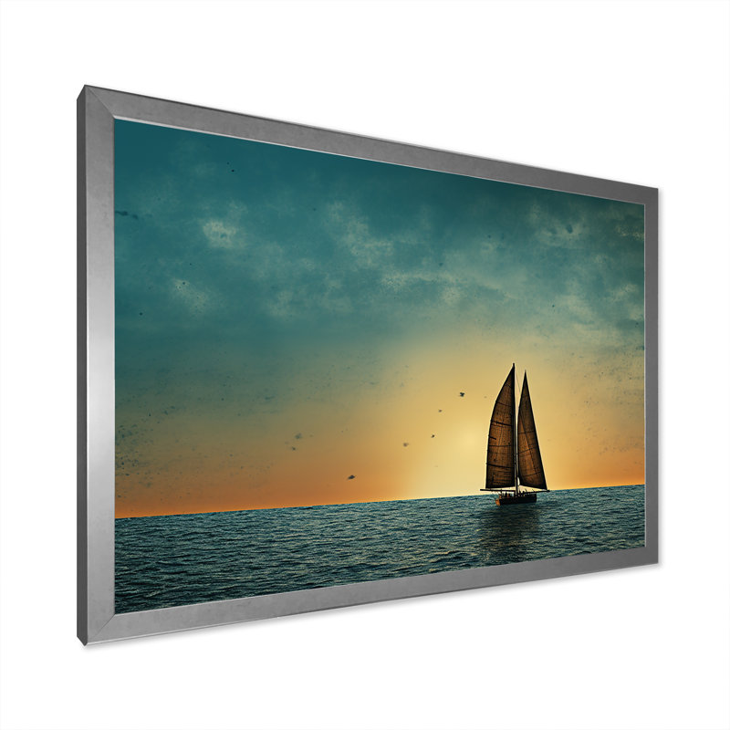 Coucher de soleil au coucher du soleil, photo de silhouette - art mural minimaliste côtier, Cadre de coin argenté fermé
