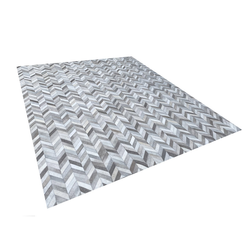 Grey Beige Patchwork Leather Cowhide Cow Skin Modern Geometric Handmade Area Rug, Rectangle 8' x 10'