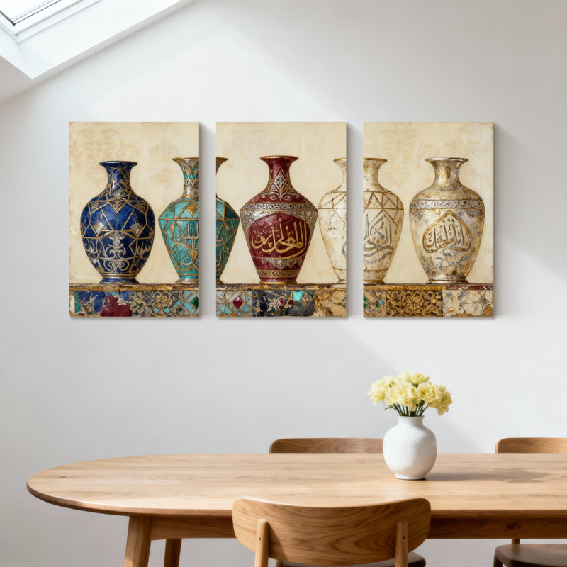 Vase en poterie arabe avec motif de calligraphie islamique, ensemble de 3 impressions sur toile, H 30 po x l 60 po