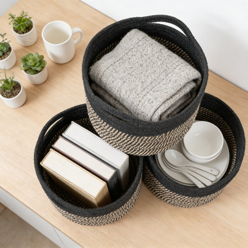 Hand-Woven Cotton Rope Storage Baskets, Decorative Round Woven Organizer Bins With Reinforced Handles For Home, Shelf, Toy, And Gift Use
