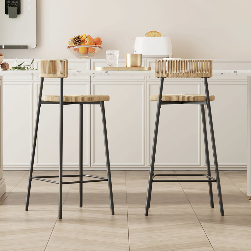 Counter Stools Set Of 2 Handwoven Paper Rope Bar Stools Boho Round Dining Pub Chairs For Kitchen, Beige