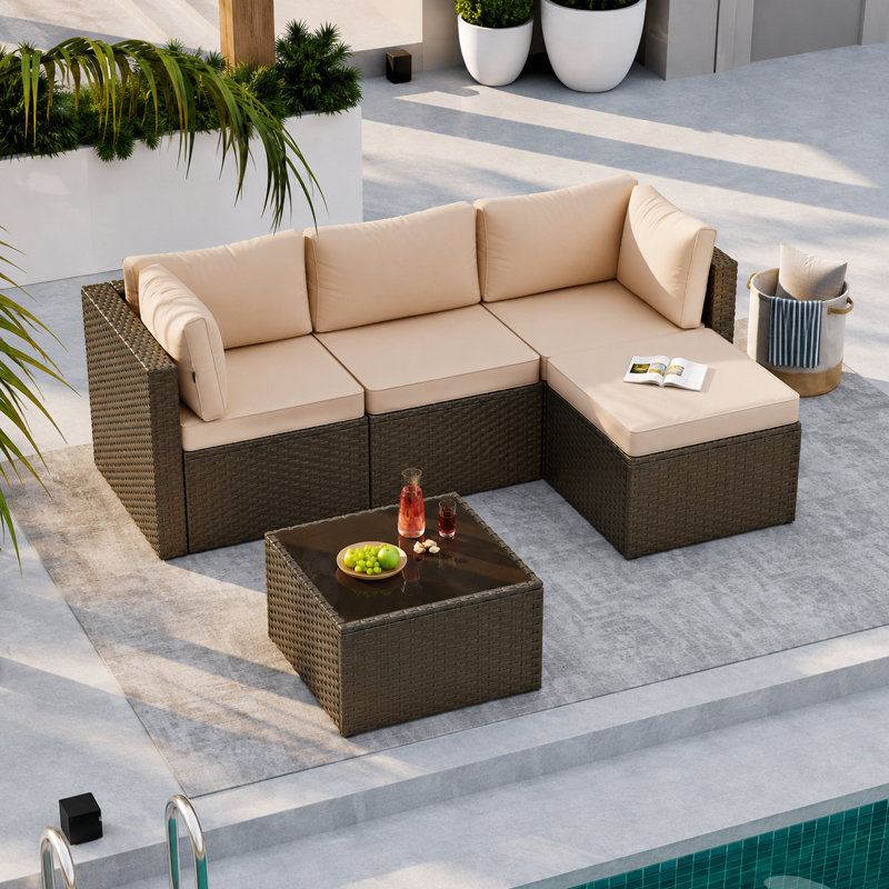 3-piece Outdoor Patio Conversation Set, Pe Rattan Wicker Seating Group With Ottoman & Coffee Table, Khaki
